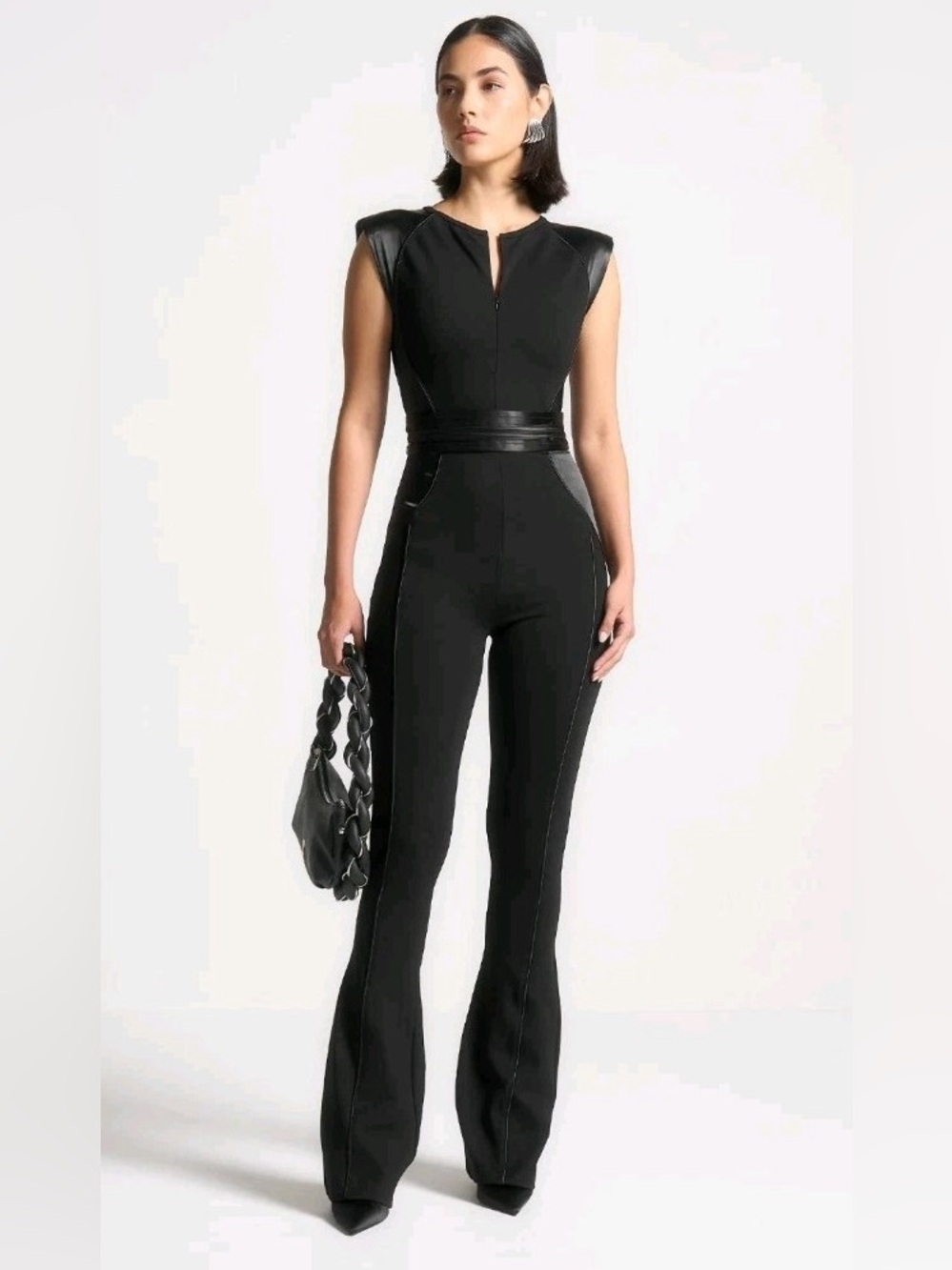 Maniere De Voir Black Contrast Panel Flare Leg Jumpsuit US 10 UK 14 Sleeveless